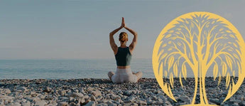 Woman practicing yoga on a pebble beach with a golden willow tree logo overlay.