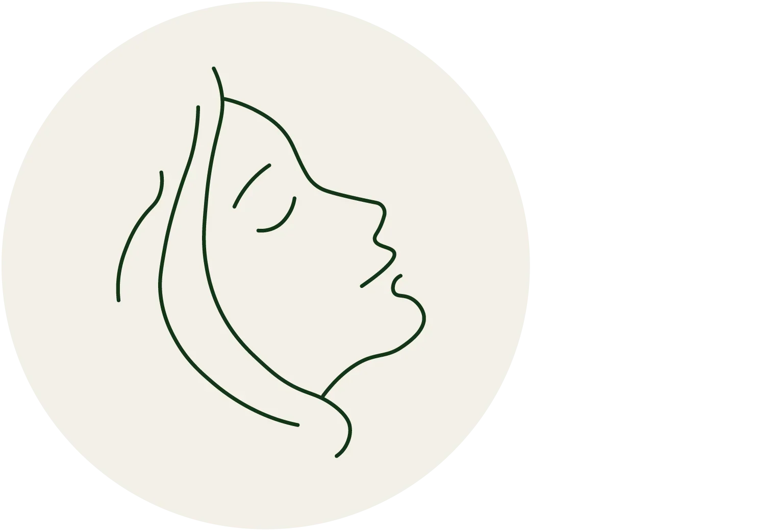 A minimalist dark green line art icon of a woman's face in profile inside a light beige circle, set against a solid white background.