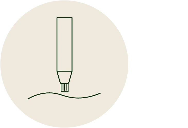 Line drawing of a skincare tube applying a cream swirl on a neutral circular background.