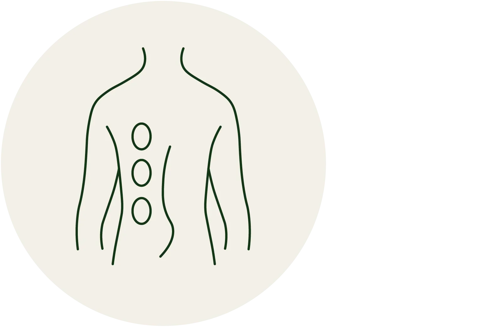 A minimalist dark green line art icon of a human torso with three circular acupressure or massage points on the back, centered inside a light beige circle on a solid white background.