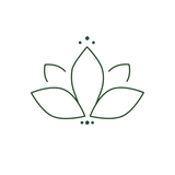 Minimalist dark green lotus flower line art icon on a white background.
