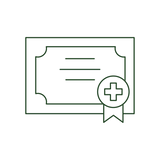 Green line icon of a medical certification document with a plus sign seal.