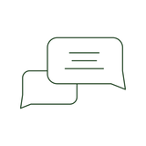 Green line art icon of two overlapping speech bubbles for customer communication.