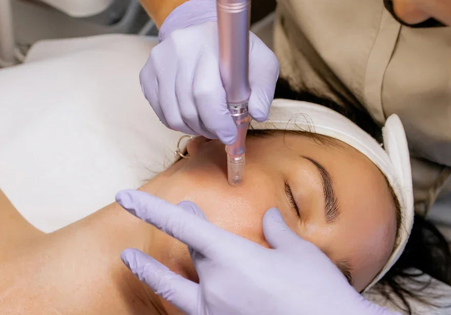 Practitioner in purple gloves performing a facial skin treatment on a client.